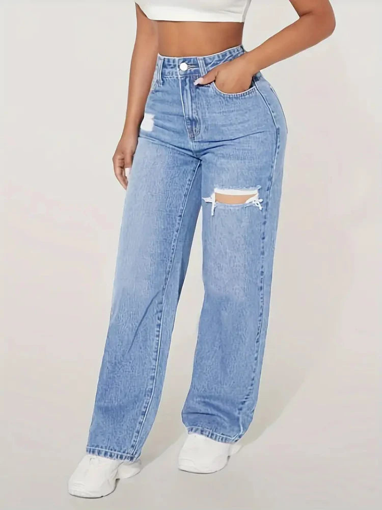 High Waist Wide-Leg Jeans – Lockerer Fit, Cut-Out Details, Gewaschener Denim